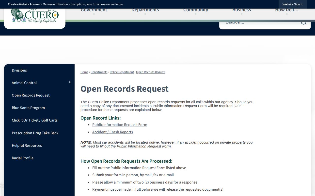 DeWitt County and Cuero incident-record request page with submission and fee information