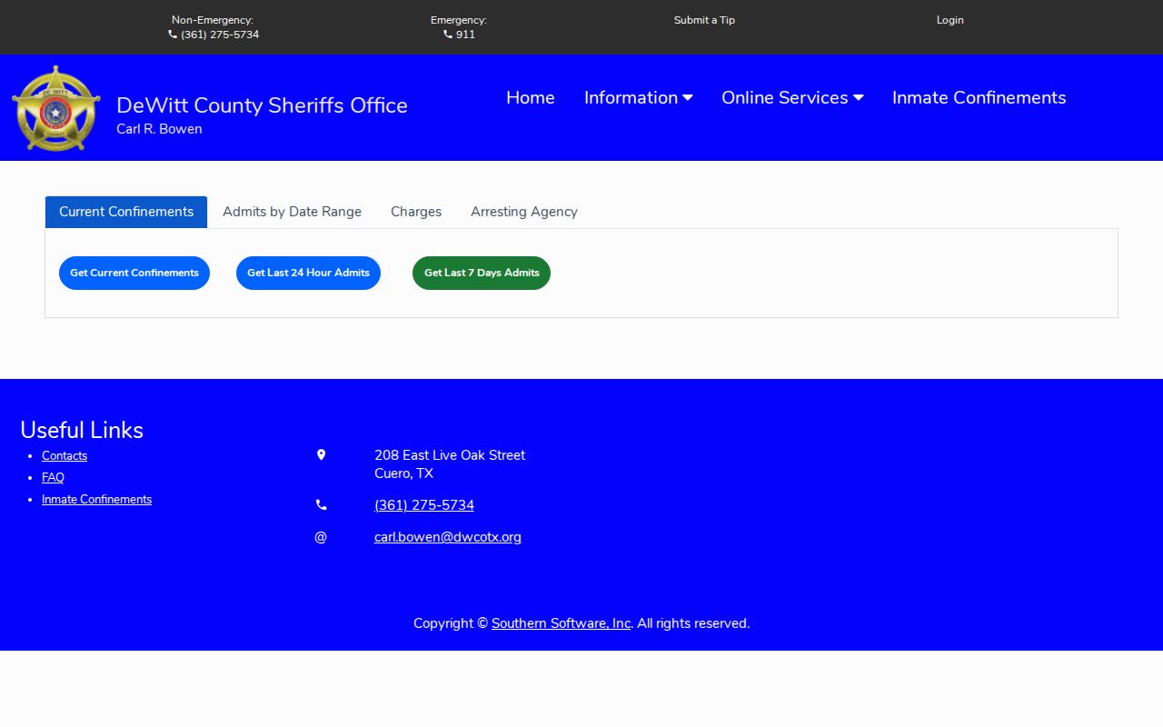 DeWitt County Sheriff official inmate confinement search interface
