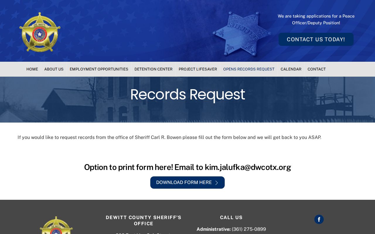 DeWitt County Sheriff open records request page