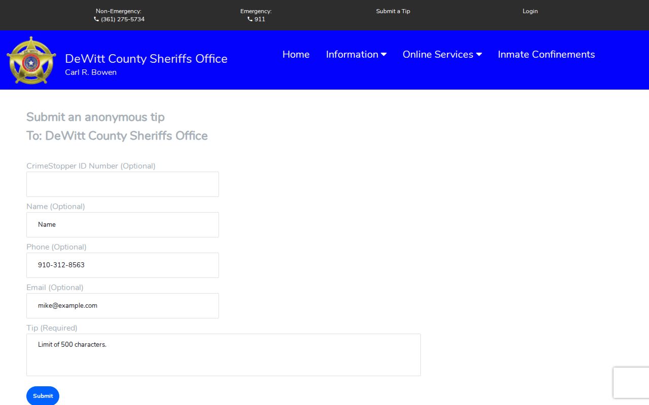 DeWitt County official anonymous tip submission form