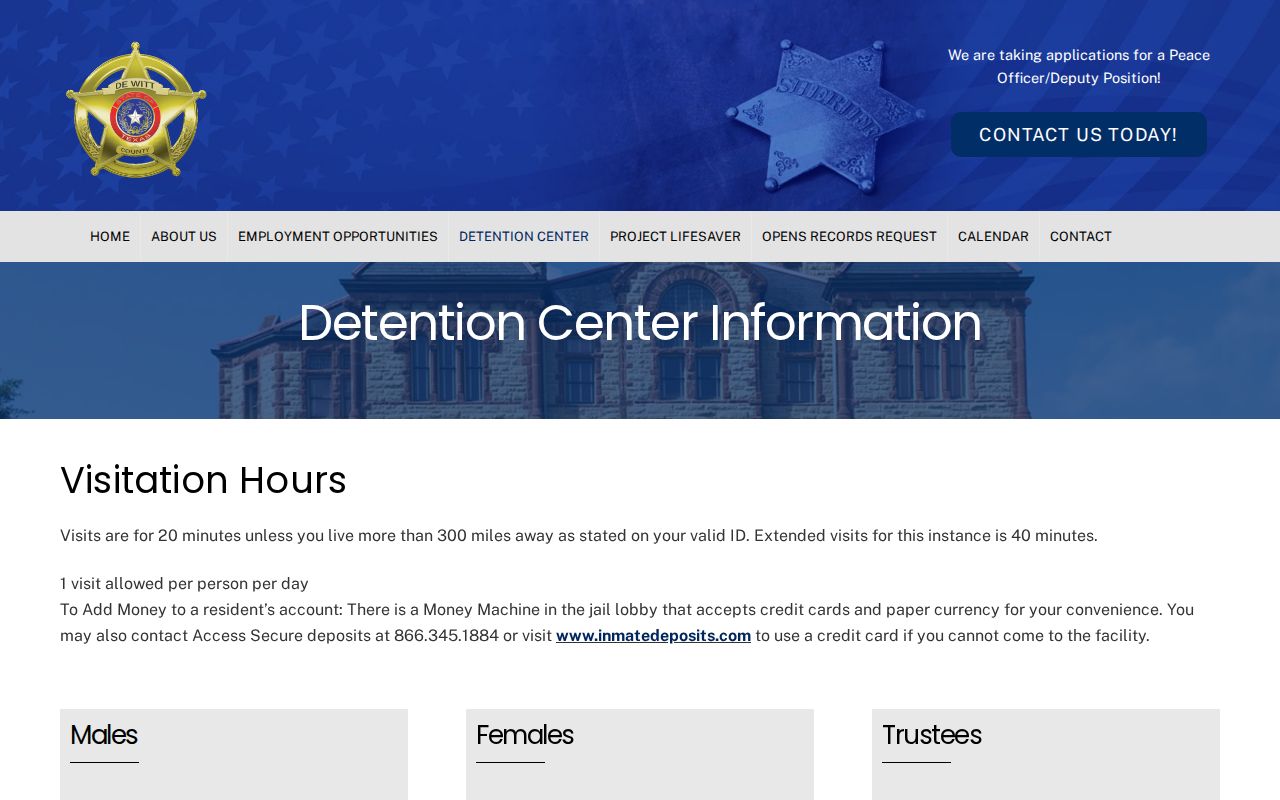 DeWitt County warrant and custody information from the official detention page