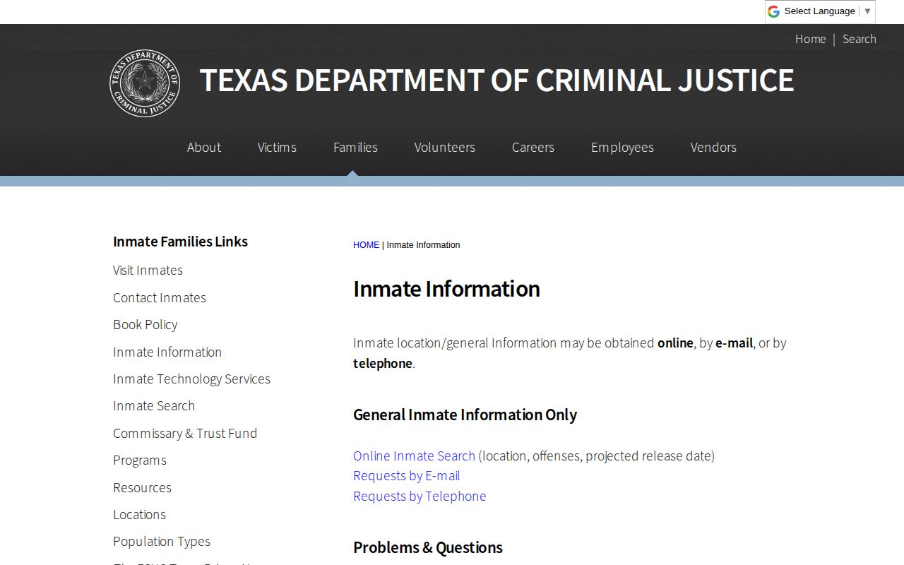 DeWitt County state-custody record route on the Texas Department of Criminal Justice inmate information page
