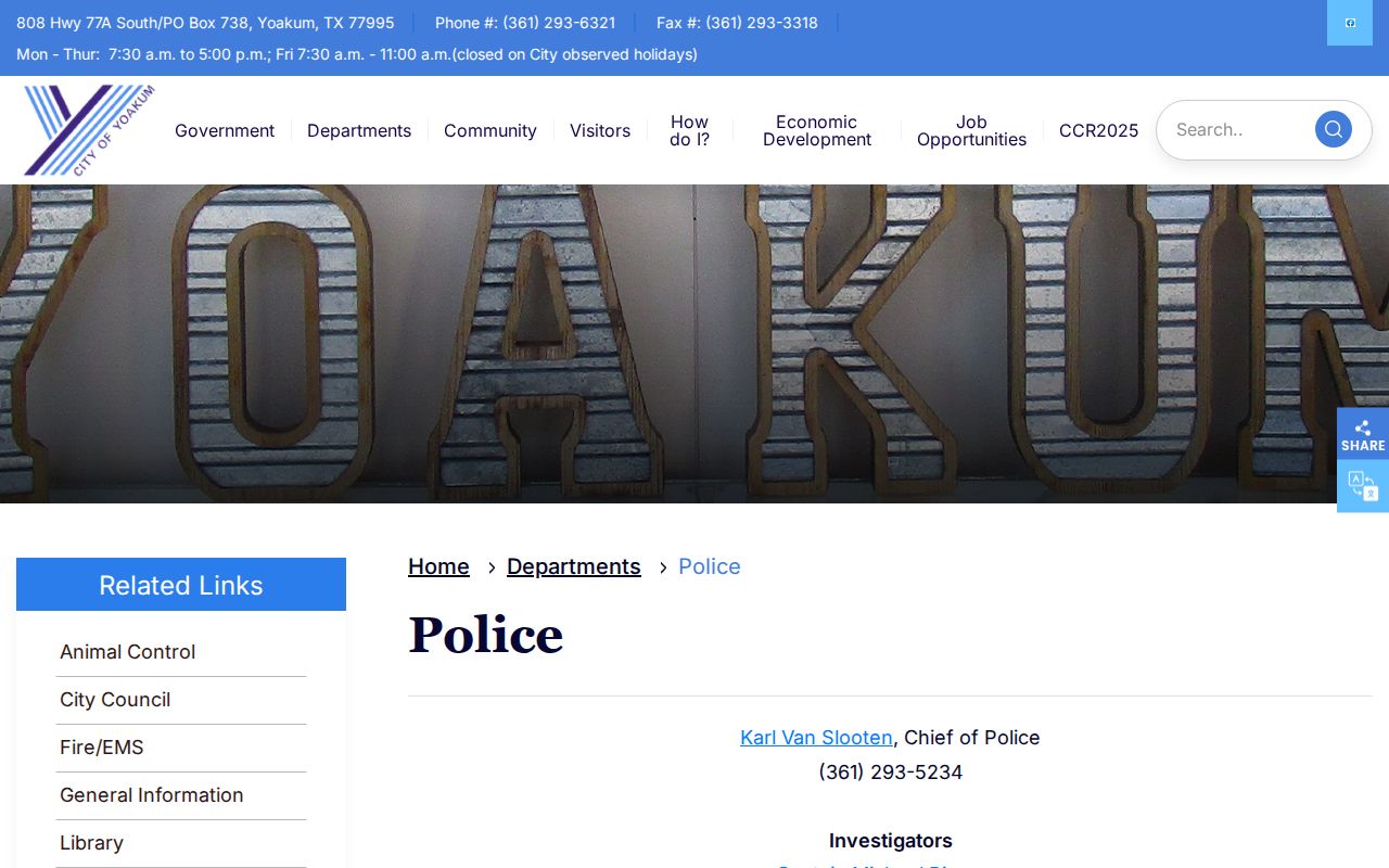 Yoakum and DeWitt County arrest-record contact information on the official police page